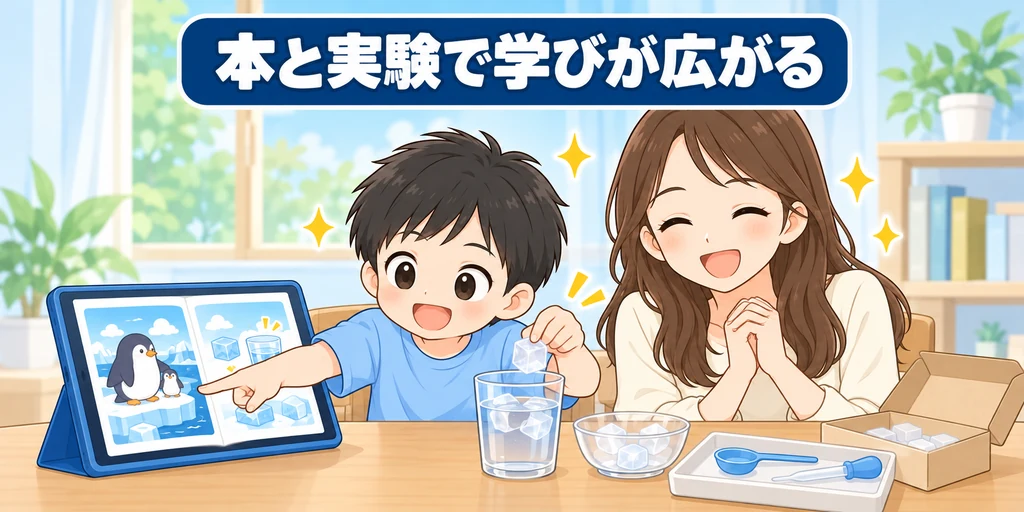 電子図書館で本を読んだり実験セットで試したりして学びが広がる様子