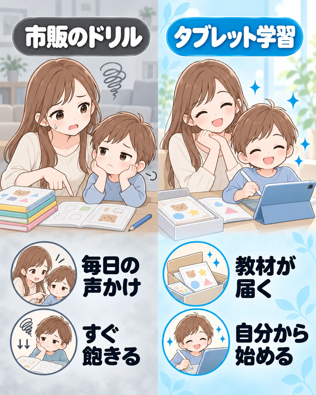 市販のドリルとタブレット学習を左右で比べた図
