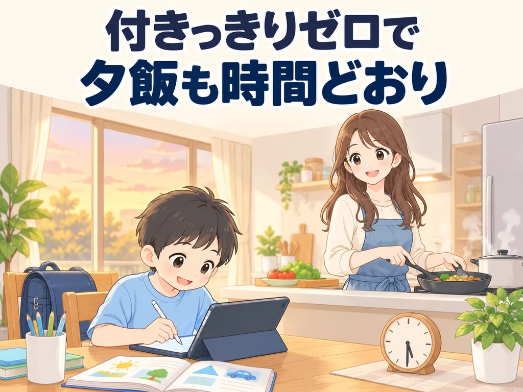 付きっきりゼロで夕飯も時間どおり。子どもが自分でタブレット学習を進め、ママは台所で夕飯の支度を進めている場面