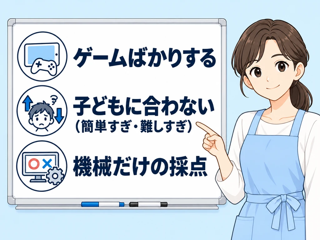やっても意味がない教材（ゲームばかりする・子どもに合わない（簡単すぎ・難しすぎ）・機械だけの採点）