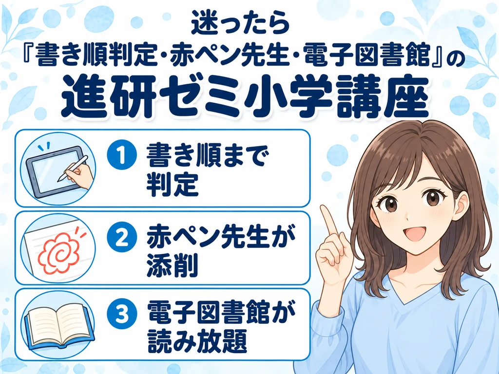 迷ったら書き順判定・赤ペン先生・電子図書館の進研ゼミ小学講座